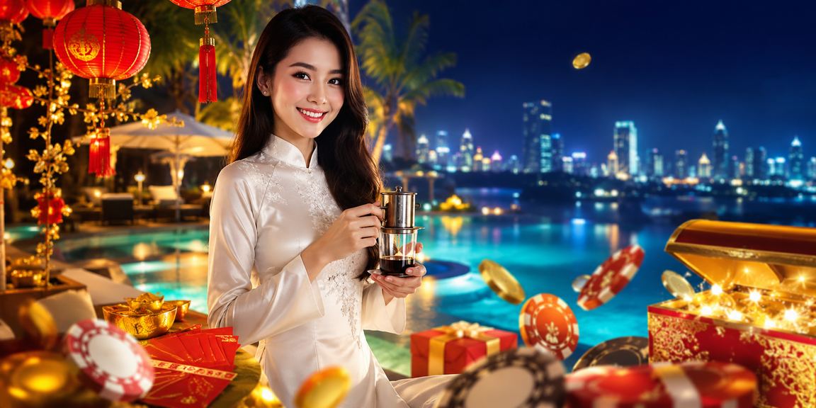 Cô gái áo dài tại Mũi Né cầm phong bì đỏ may mắn — hình ảnh thưởng và ưu đãi theo phong cách Việt