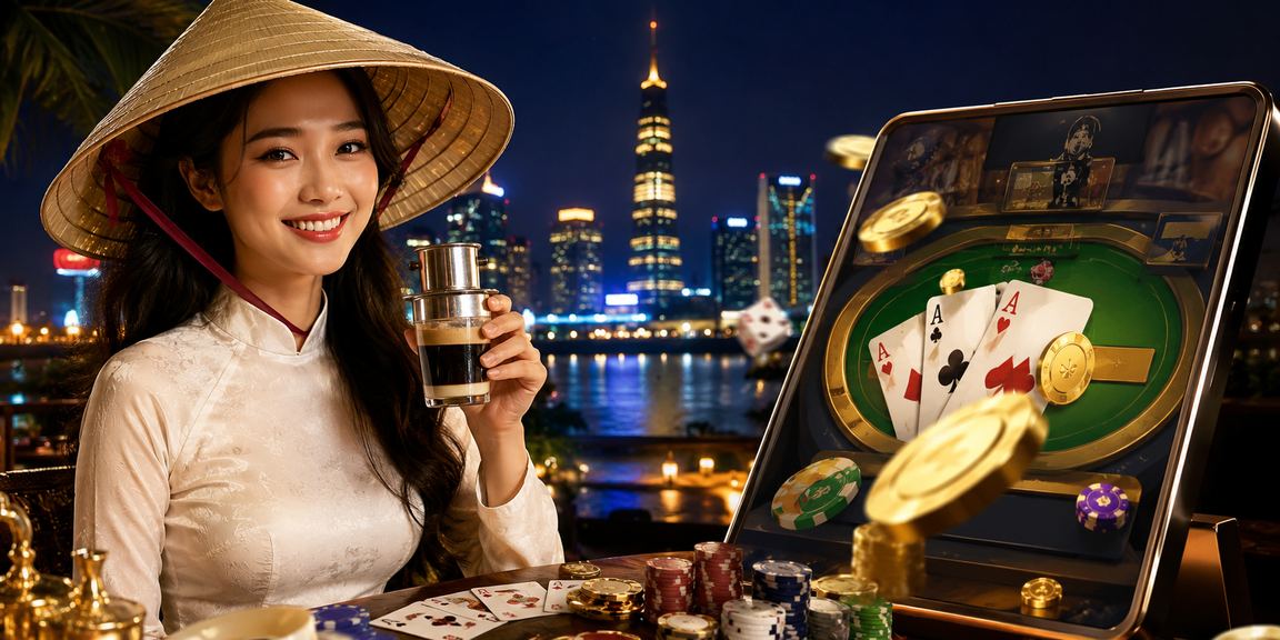 Cảnh chơi bài truyền thống với nón lá tại Sài Gòn — giao thoa giữa văn hóa dân gian và giải trí hiện đại
